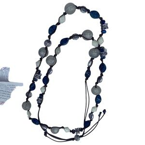 New Premier Designs leather beaded necklace blue tones silver